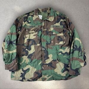 VTG 80's Woodland Camo Cold Weather Field Coat Large Reg M-65 Jacket Named Navy